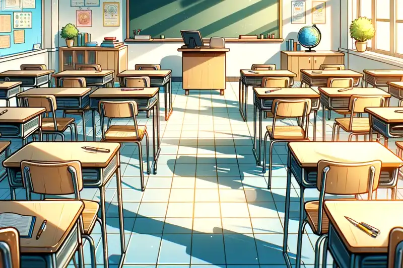 Illustration of a school classroom with desks, chairs, and a chalkboard.