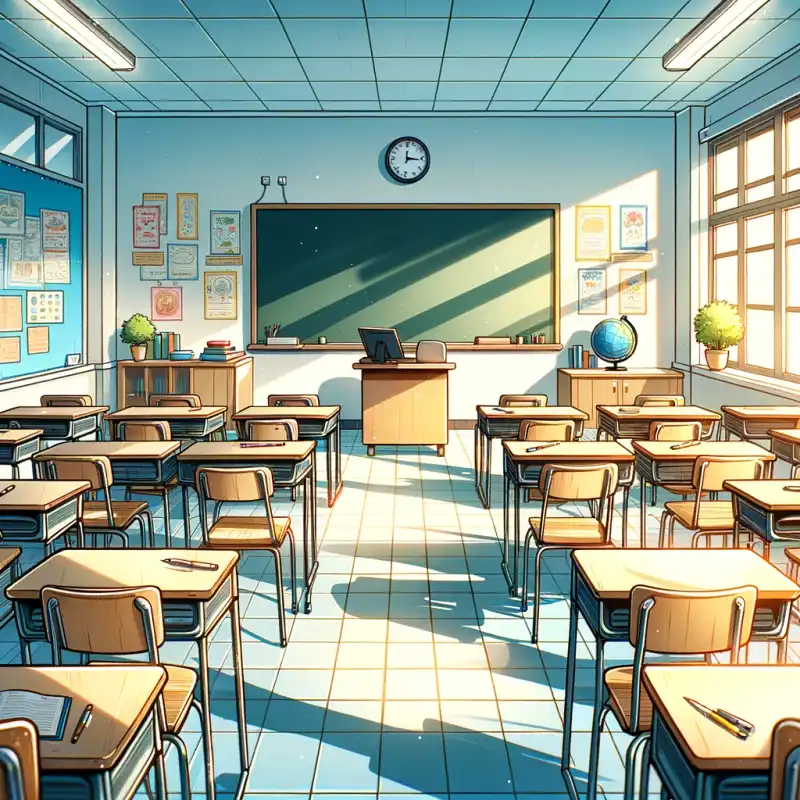 Illustration of a school classroom with desks, chairs, and a chalkboard.