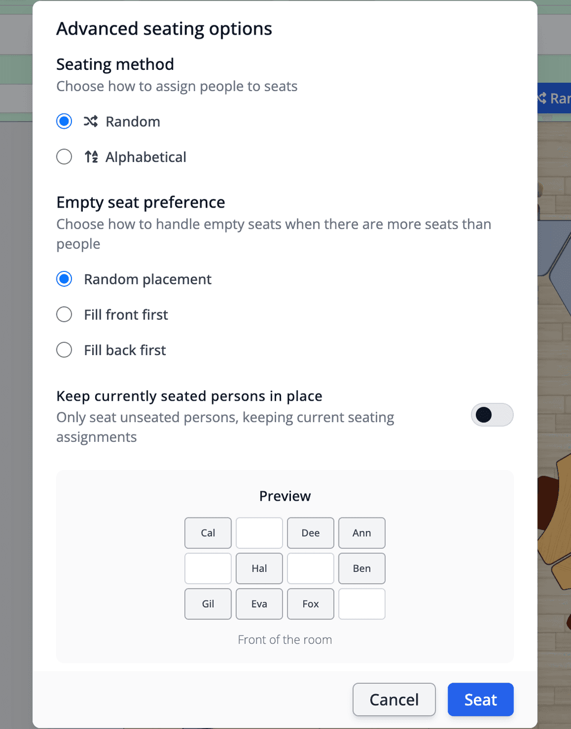 The advanced seating options dialog with assignment and empty seat controls, and a seating preview.