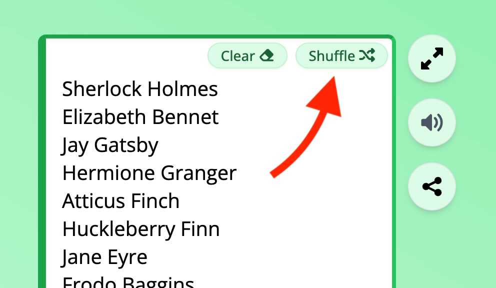 Wheel of names text area with a shuffle button on the top right corner highlighted.