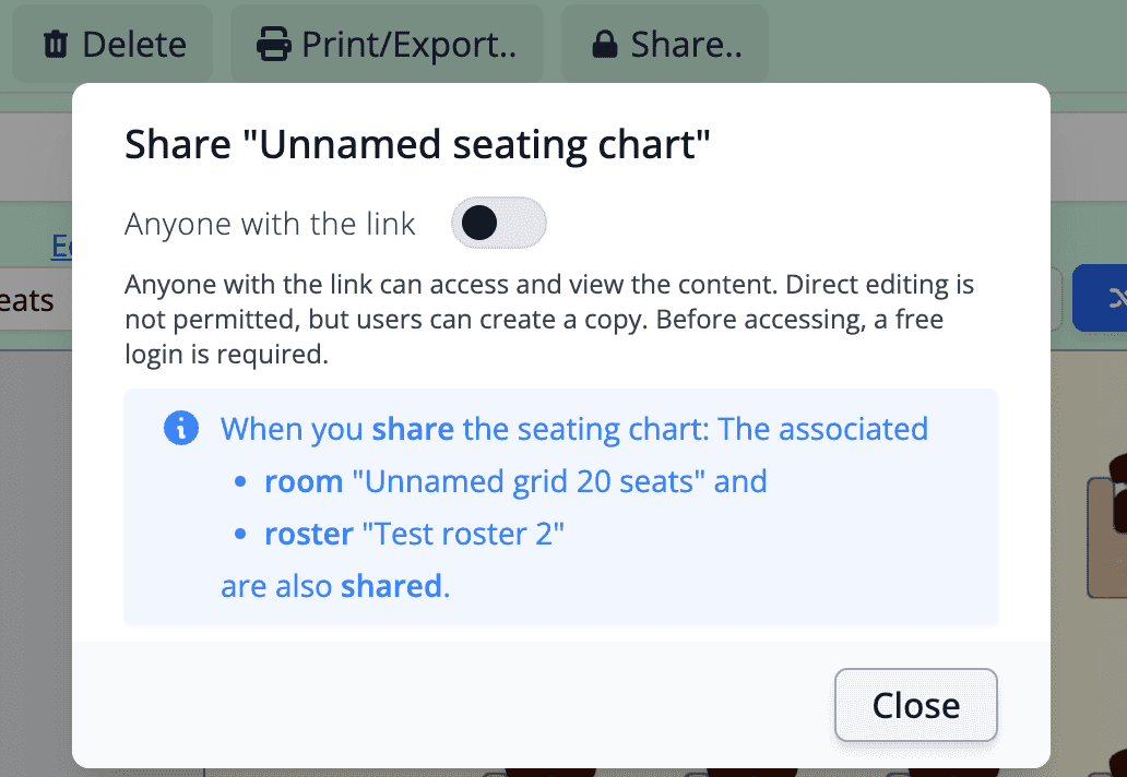 The share dialog showing a view-only link for a seating chart.