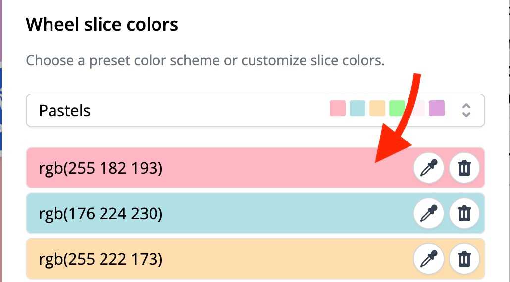 Wheel of names color scheme custom slice color selection. Each slice color has a color picker and a delete button and a text indicating the color code.