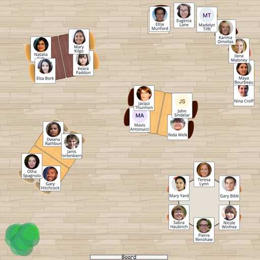 A seating chart with a classroom layout and students seated. The desks are arranged in clusters of four, one round table of six, and seven separate seats. The classroom has a wooden floor, a decorative plant, and a whiteboard at the front.