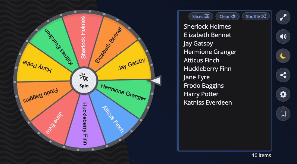 The Wheel of Names in dark mode with a rainbow color theme.