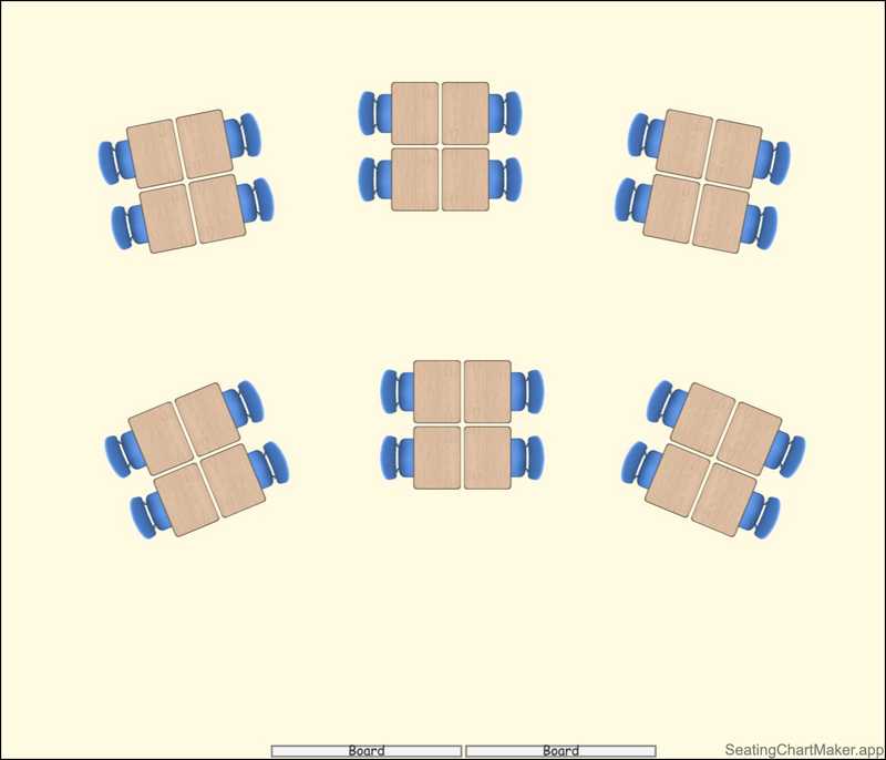 Seating chart template with six table groups of four.