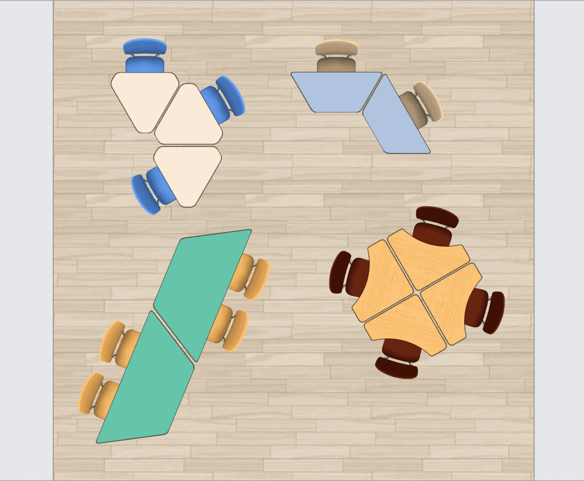 A classroom layout in the room creator combining trapezoid, diamond, and delta shaped desks.