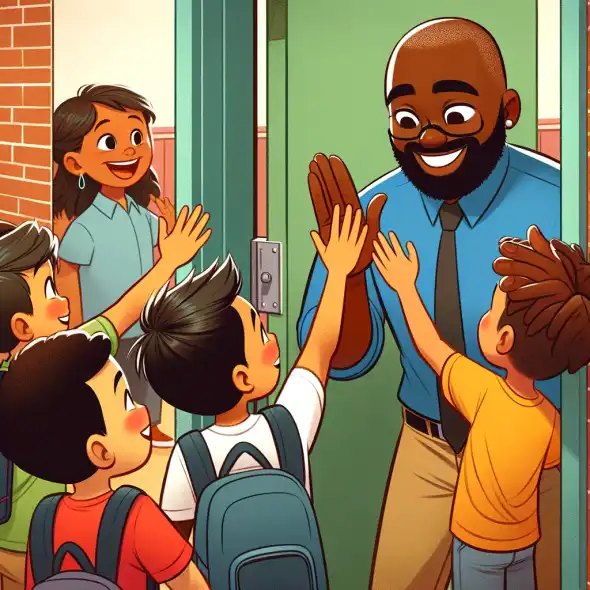 A teacher greeting students at the door