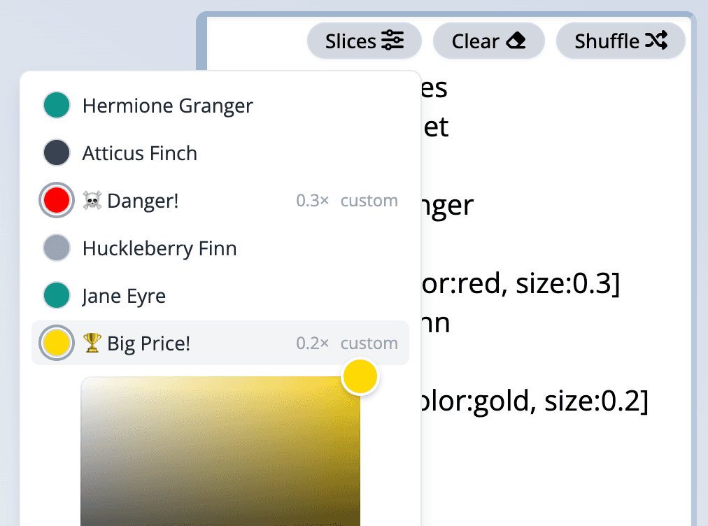 The Slices popover: the item list with color swatches, a color picker and slice size buttons.