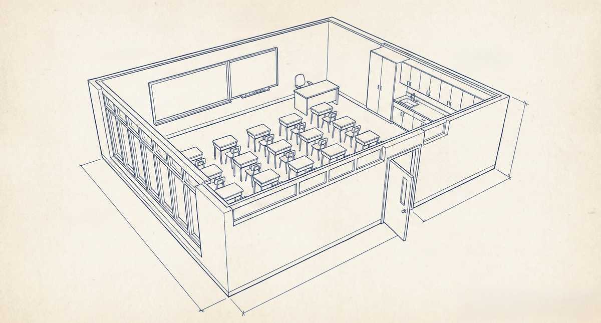 Illustration of a school classroom with desks, chairs, and a chalkboard.