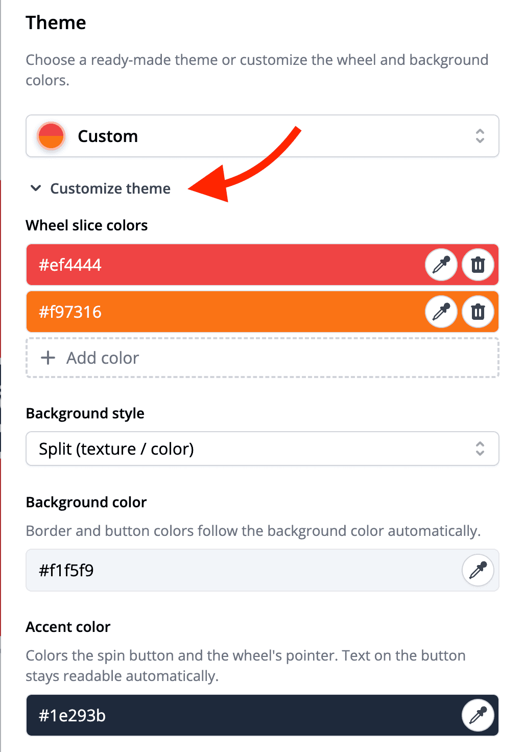 The 'Customize theme' panel: slice color list, background style, background color, and accent color controls.